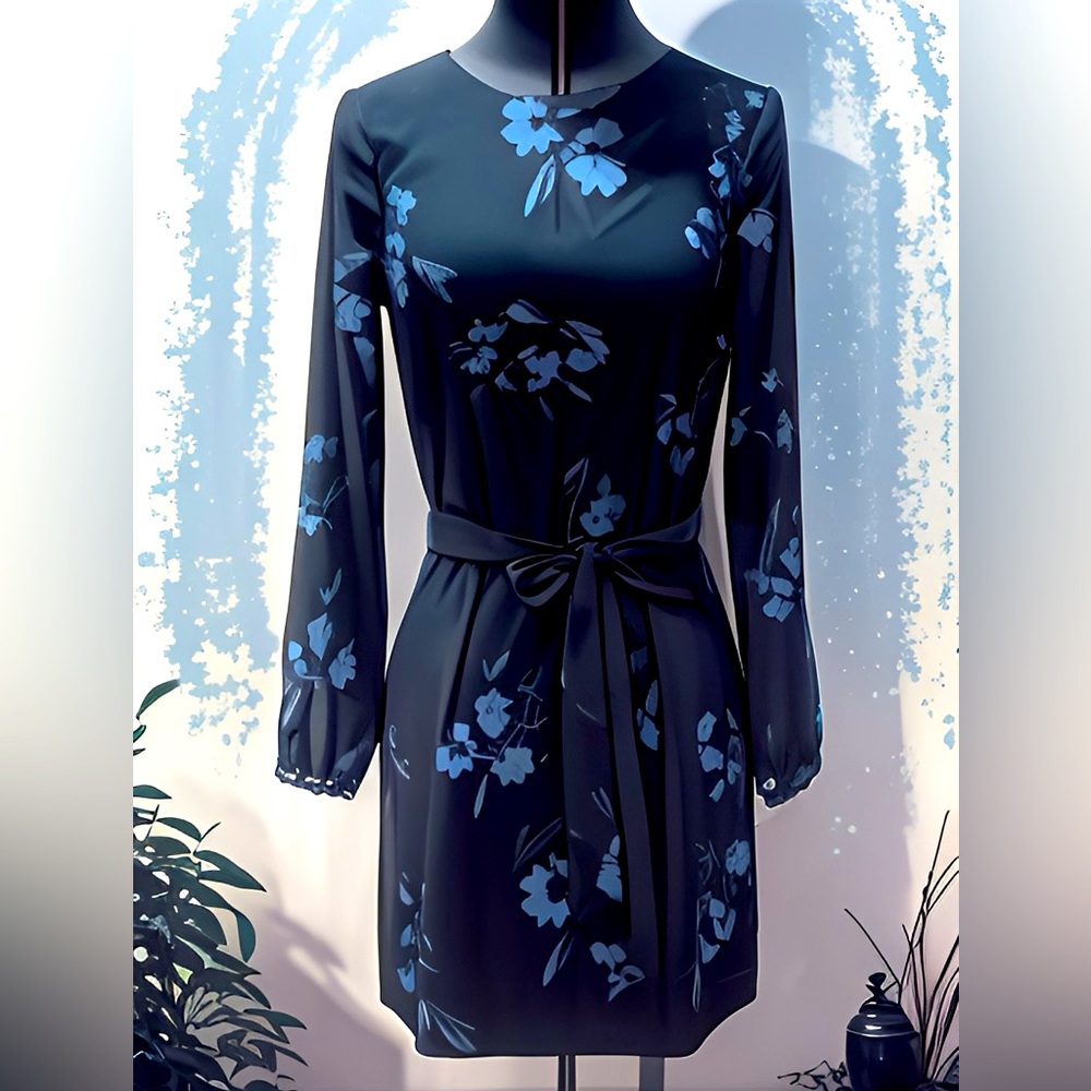 H&M Black & Blue Sheath Long Sleeve Dress With Waist Tie Size 2